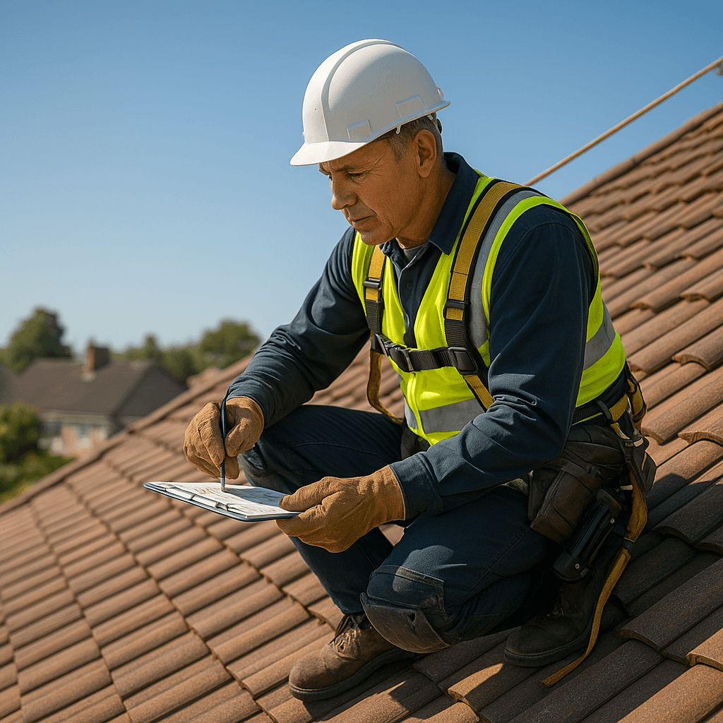 Facharbeiter inspiziert ein Ziegeldach